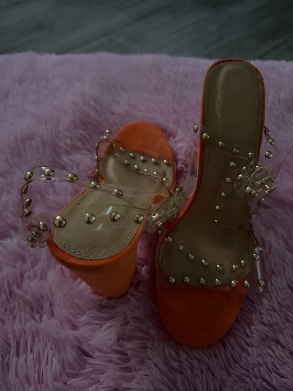 Fashion Nova Orange Clear-Strip Platform Heels with Studs
